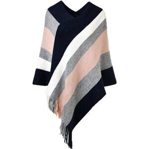 Women Striped Poncho Sweater Knit Fringe Shawl Wrap Fall Winter Cozy Layer